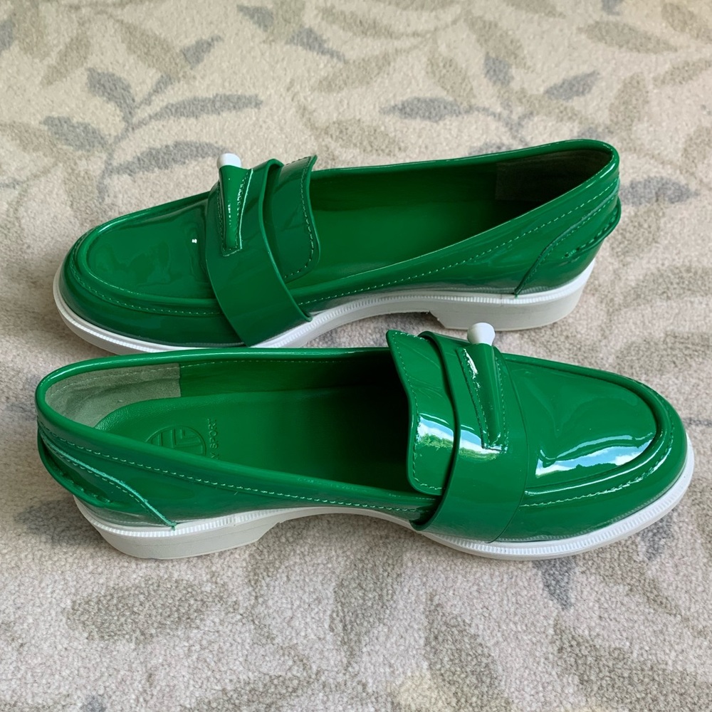 Tory Burch Patent Green Penny Loafers with White Soles
